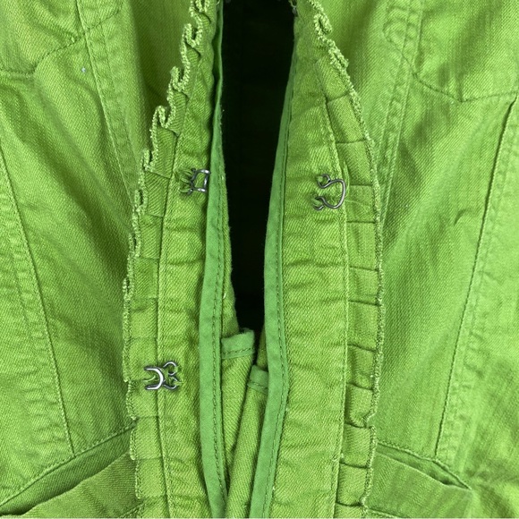 Chico’s Platinum Green Denim Jacket Ruffle Trim Silver Hardware Size 2 - Picture 6 of 7